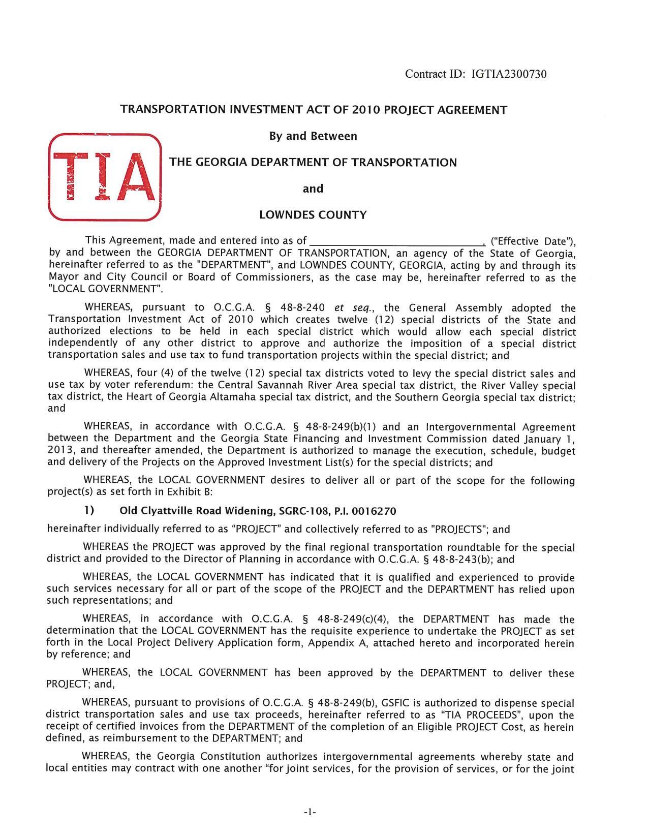 TRANSPORTATION INVESTMENT ACT OF 2010 PROJECT AGREEMENT