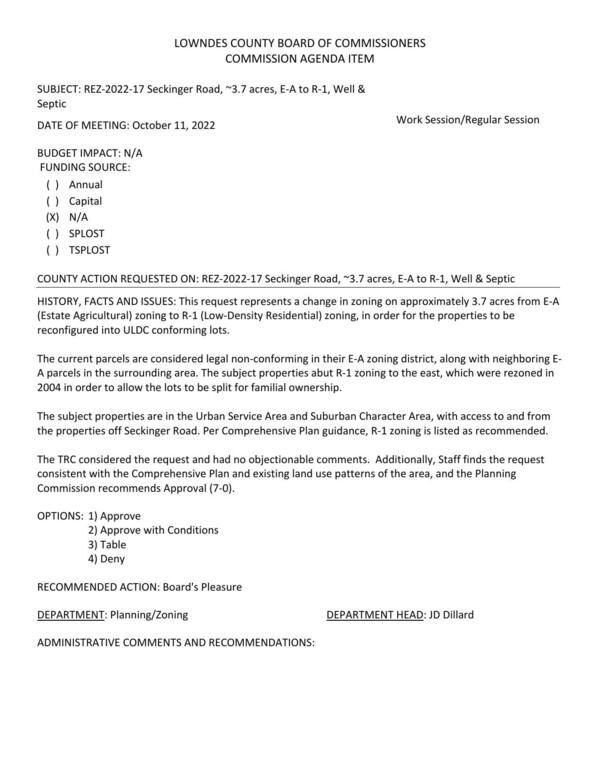 [BUDGET IMPACT: N/A for the properties to be reconfigured into ULDC conforming lots.]