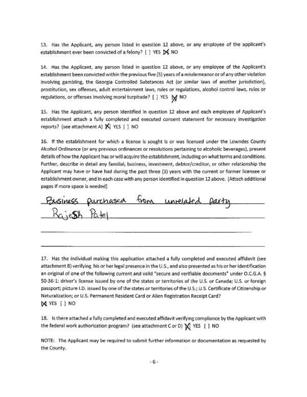 16. If the establishment for which a license is sought is or was licensed under the Lowndes County