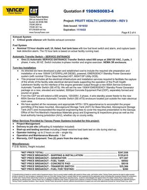 [(¢) Quoted pricing is based on current costs of equipment above, Due to current market volatility with respect to these costs, until further notice, Yancey Power reserves the right to adjust quoted]