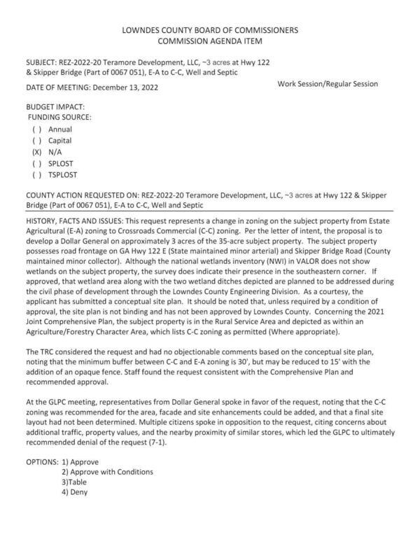 REZ-2022-20 Teramore Development, LLC, ~3 acres at Hwy 122 & Skipper Bridge (Part of 0067 051), E-A to C-C, Well and Septic