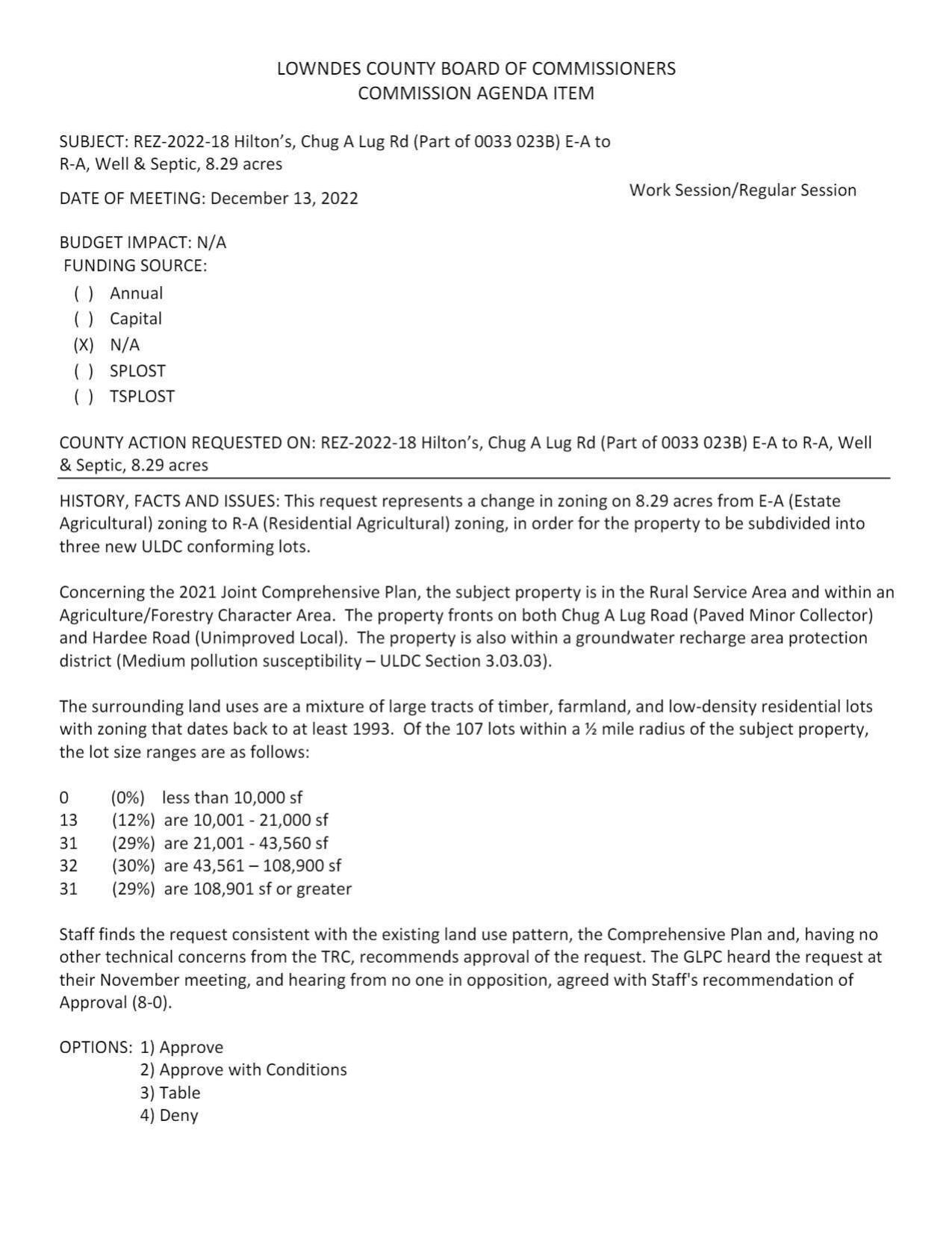 REZ-2022-18 Hilton’s, Chug A Lug Rd (Part of 0033 0238) E-A to R-A, Well & Septic, 8.29 acres