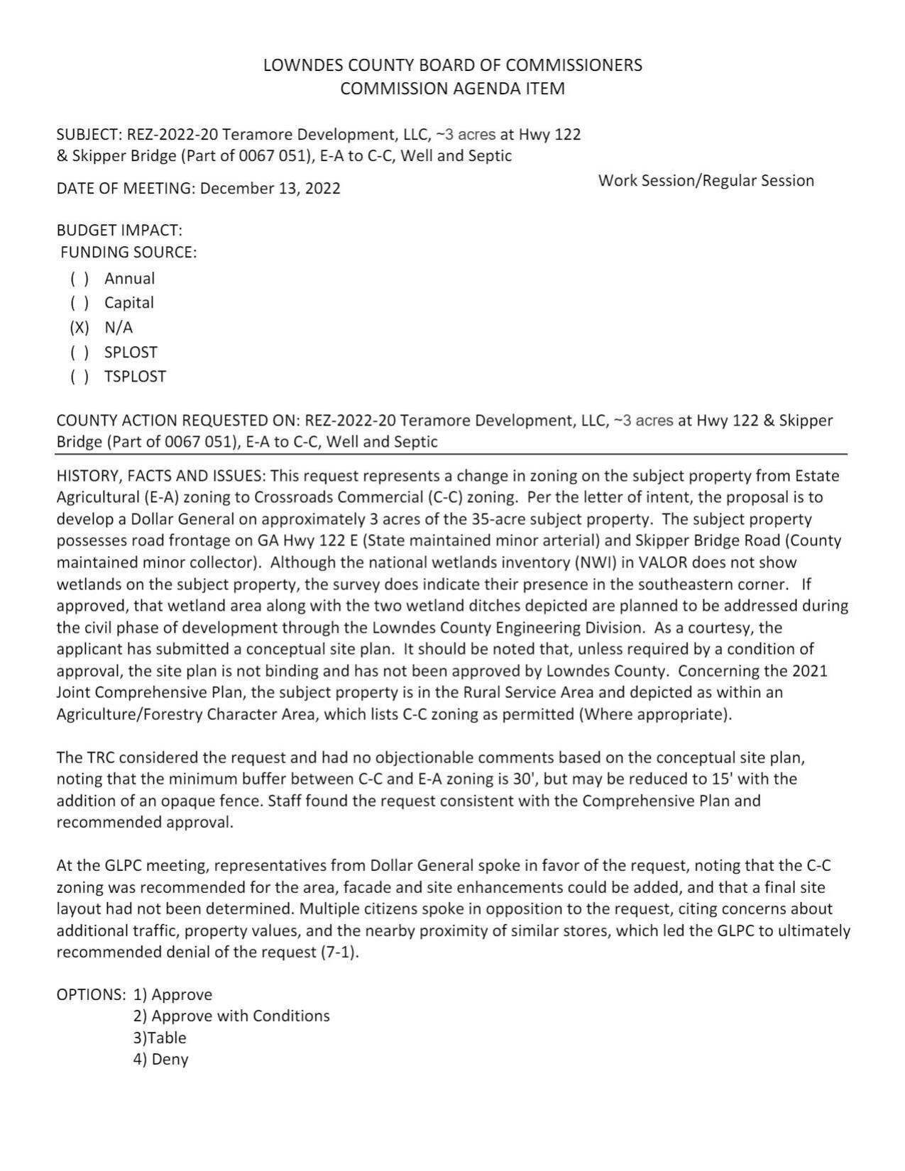 REZ-2022-20 Teramore Development, LLC, ~3 acres at Hwy 122 & Skipper Bridge (Part of 0067 051), E-A to C-C, Well and Septic