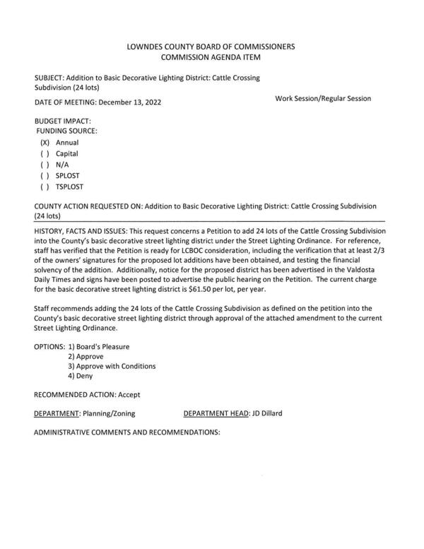 [to add 24 lots of the Cattle Crossing Subdivision into the County’s basic decorative street lighting district under the Street Lighting Ordinance.]