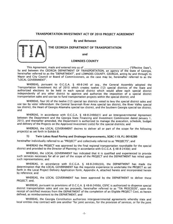 TRANSPORTATION INVESTMENT ACT OF 2010 PROJECT AGREEMENT