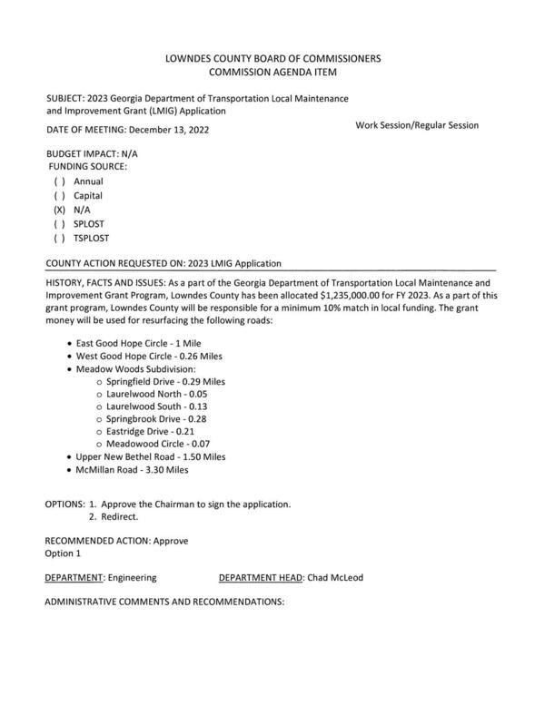 [BUDGET IMPACT: N/A list of roads to be resurfaced]