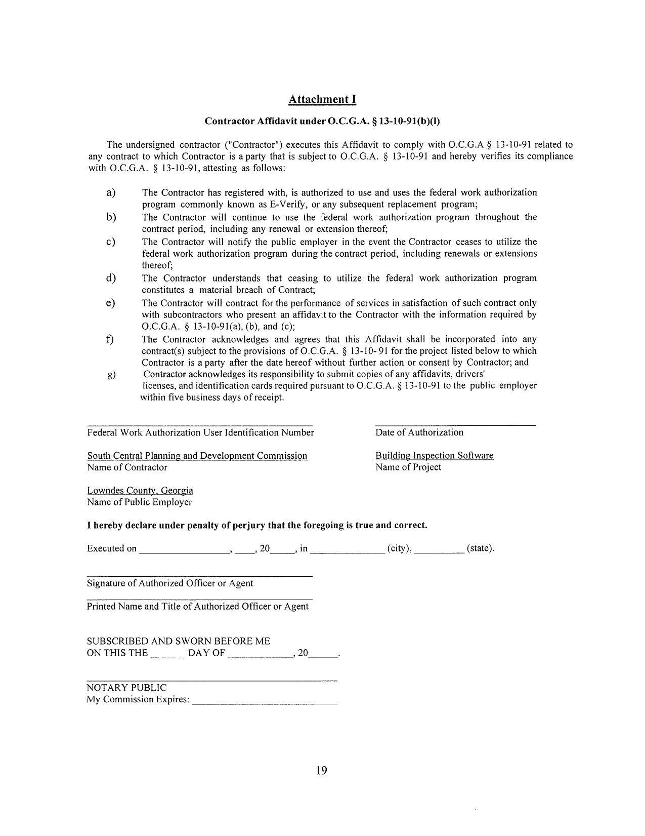 any contract to which Contractor is a party that is subject to O.C.G.A. § 13-10-91 and hereby verifies its compliance