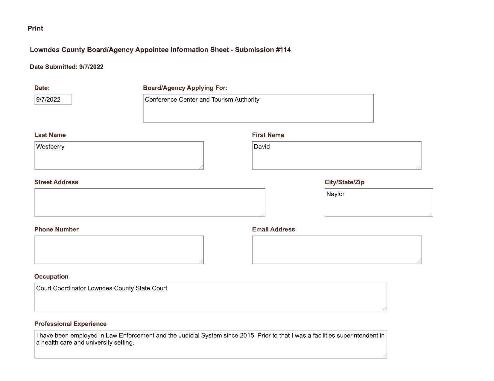 David Westberry application.