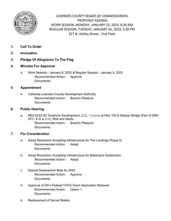 [Agenda: VLDA Appointment, Public Hearing REZ-2022-20, For Consideration]