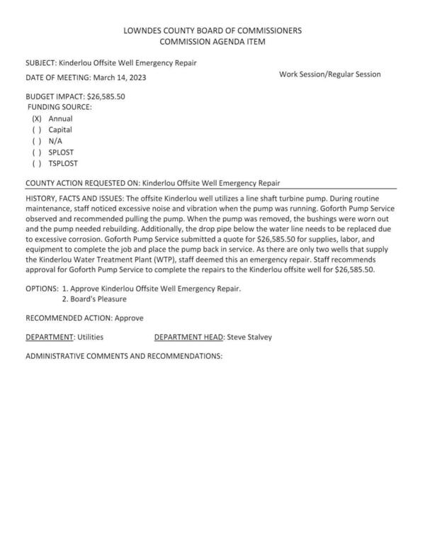 BUDGET IMPACT: $26,585.50 During routine maintenance, staff noticed excessive noise and vibration when the pump was running.