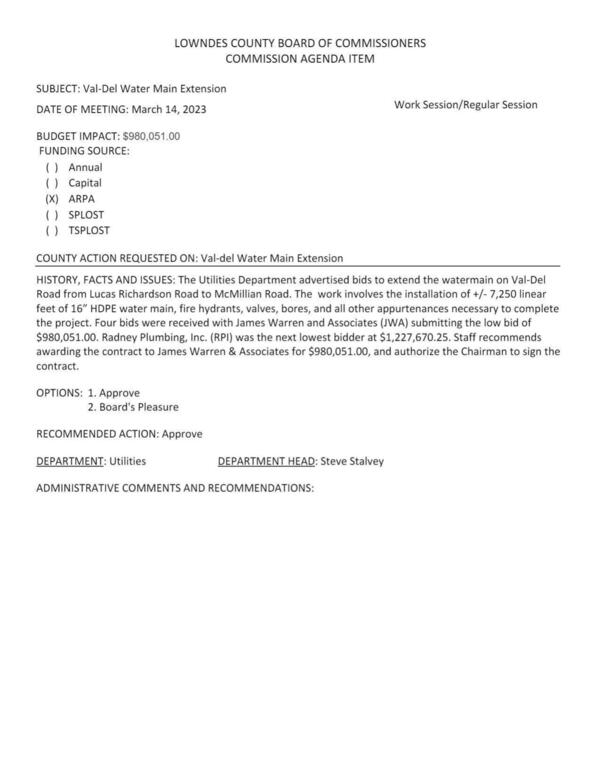 BUDGET IMPACT: $980,051.00 on Val-Del Road from Lucas Richardson Road to McMillian Road.