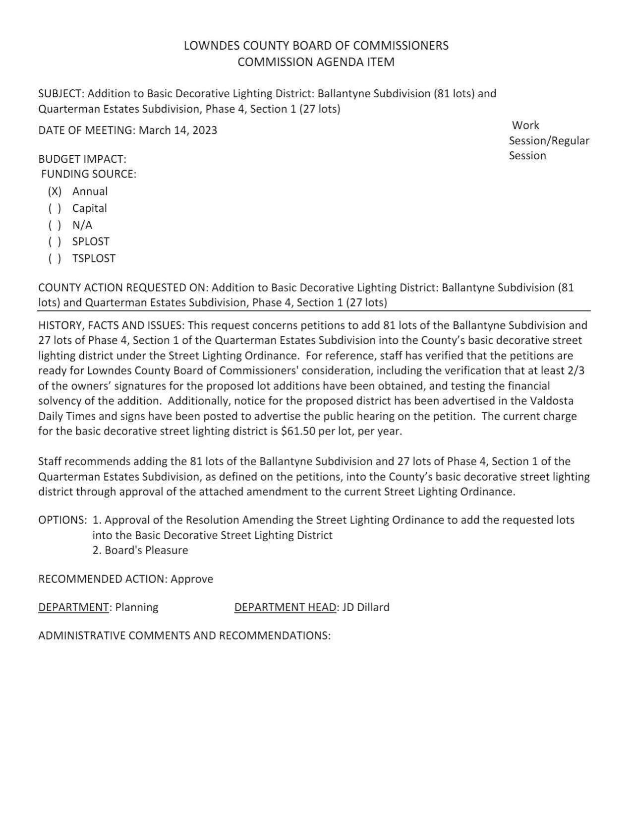 Ballantyne Subdivision (81 lots) and Quarterman Estates Subdivision, Phase 4, Section 1 (27 lots)