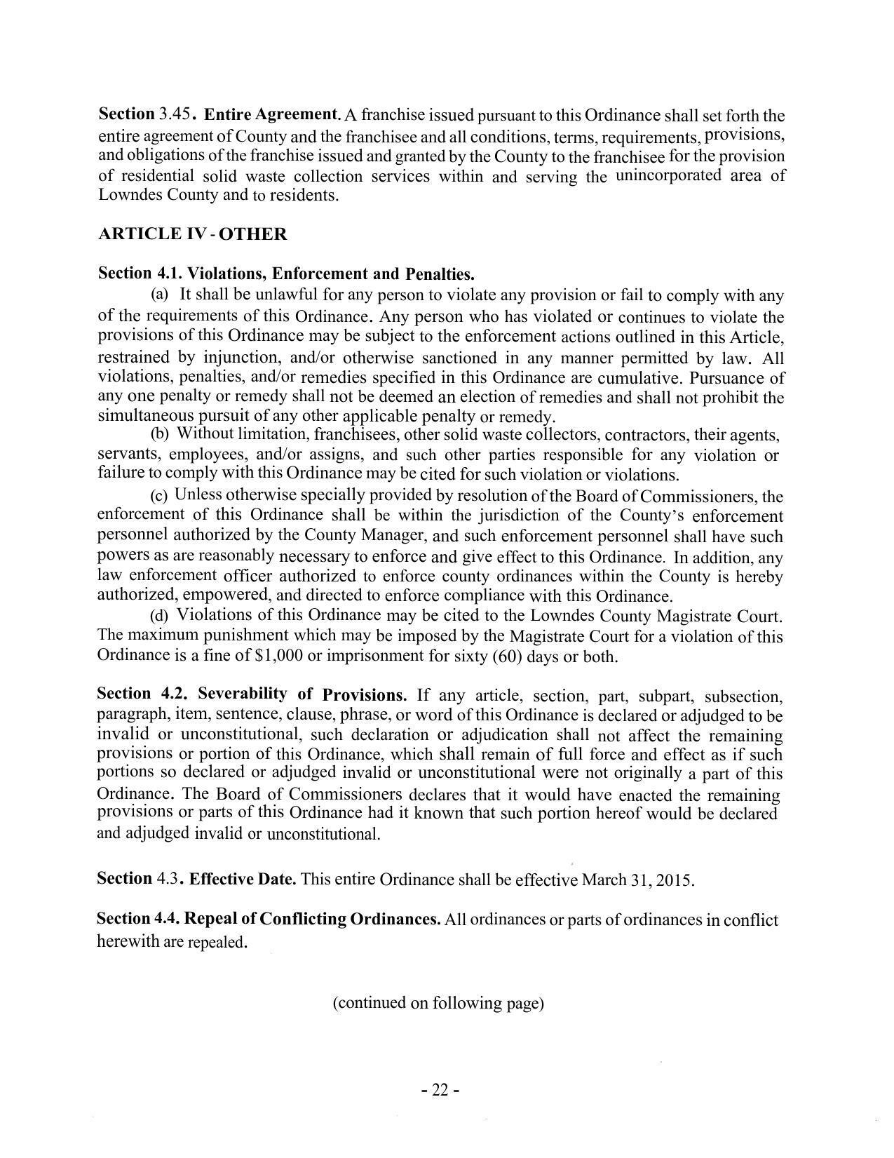 and obligations of the franchise issued and granted by the County to the franchisee for the provision