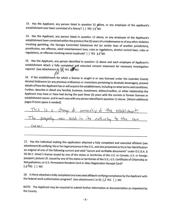 16. If the establishment for which a license is sought is or was licensed under the Lowndes County