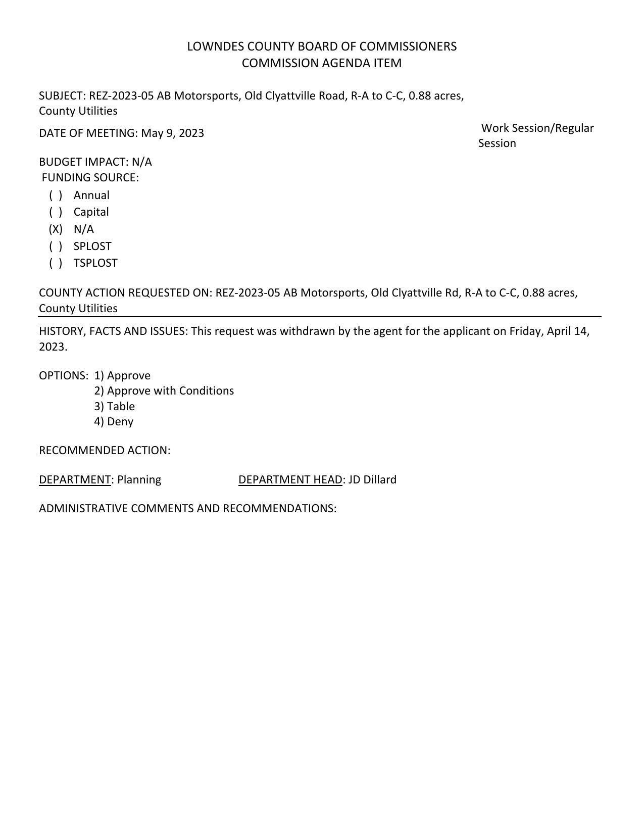 BUDGET IMPACT: N/A; withdrawn by the agent for the applicant on Friday, April 14, 2023.