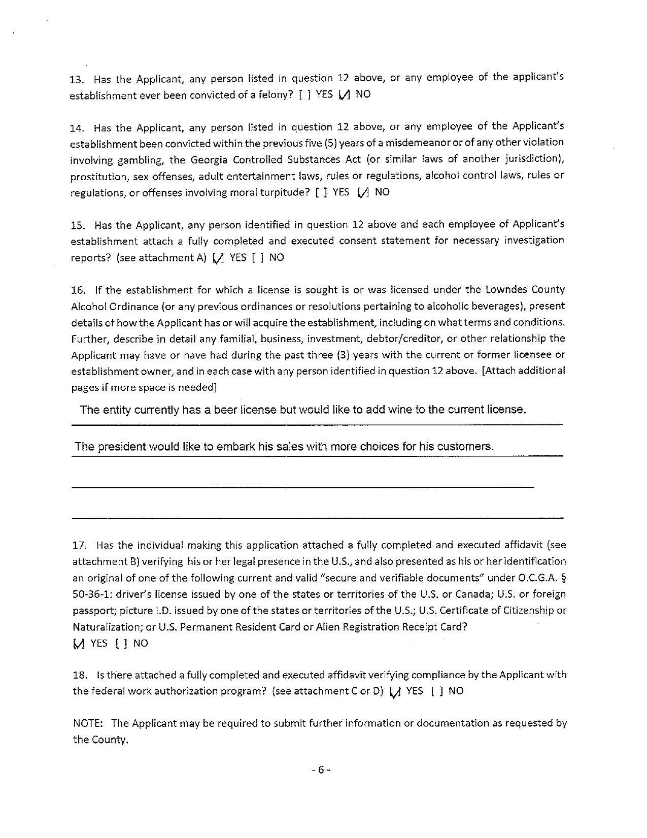 16. If the establishment for which a license is sought is or was licensed under the Lowndes County