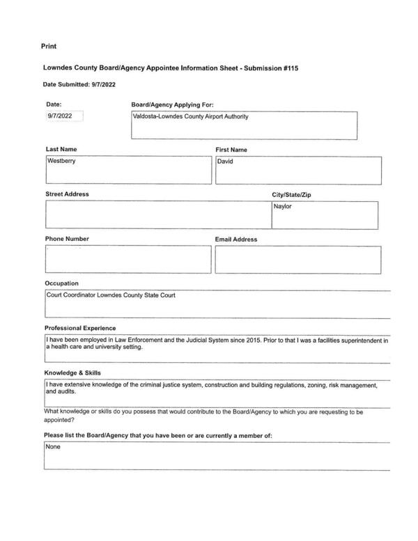 David Westberry application