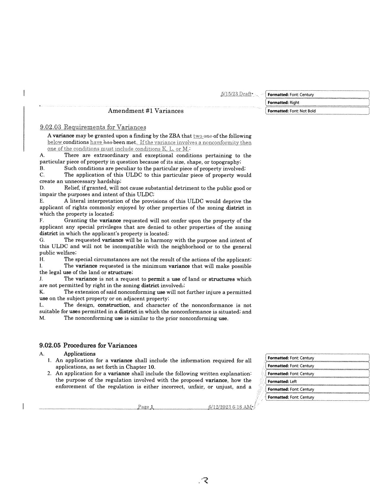 Amendment #1 Variances