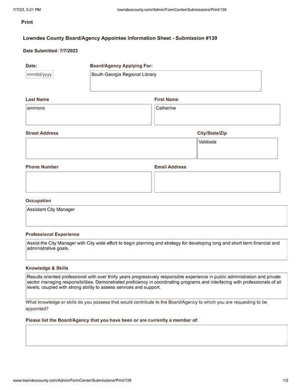 Catherine Ammons application