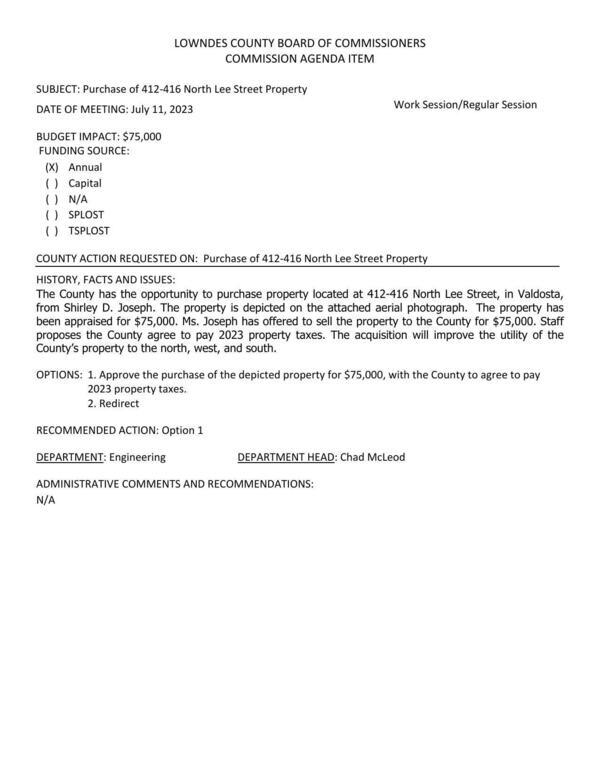 BUDGET IMPACT: $75,000; Staff proposes the County agree to pay 2023 property taxes. The acquisition will improve the utility of the County’s property to the north, west, and south.