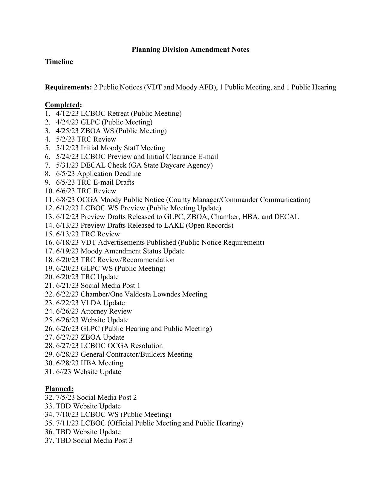 Requirements: 2 Public Notices (VDT and Moody AFB), 1 Public Meeting, and | Public Hearing