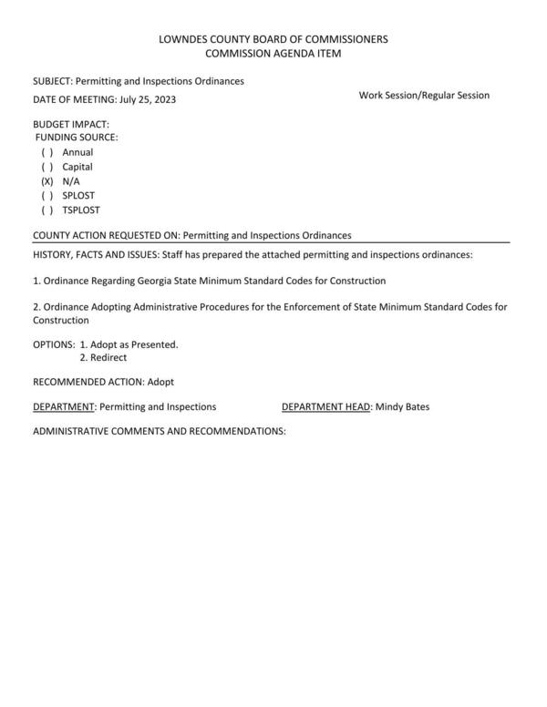 [1. Ordinance Regarding Georgia State Minimum Standard Codes for Construction 2. Ordinance Adopting Administrative Procedures for the Enforcement of State Minimum Standard Codes for Construction]