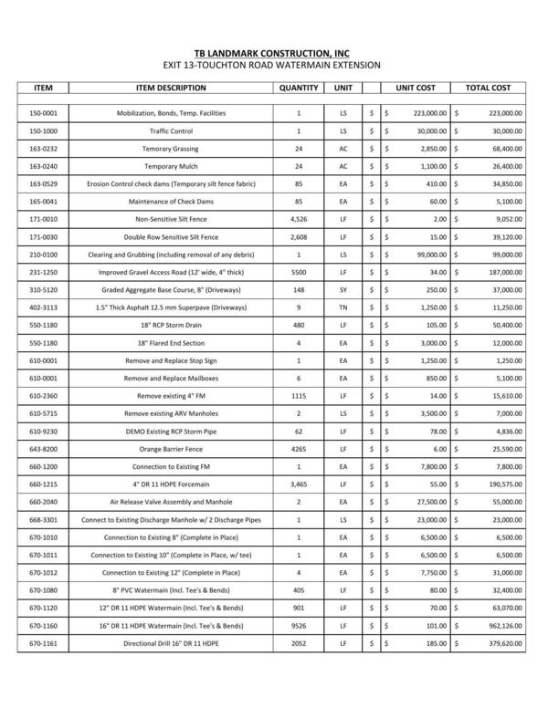 TB LANDMARK CONSTRUCTION, INC, EXIT 13-TOUCHTON ROAD WATERMAIN EXTENSION