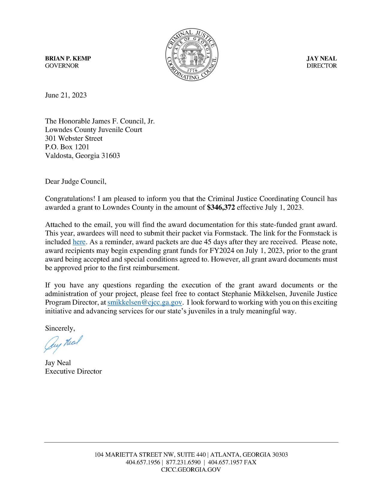 Approval letter from Criminal Justice Coordinating Council