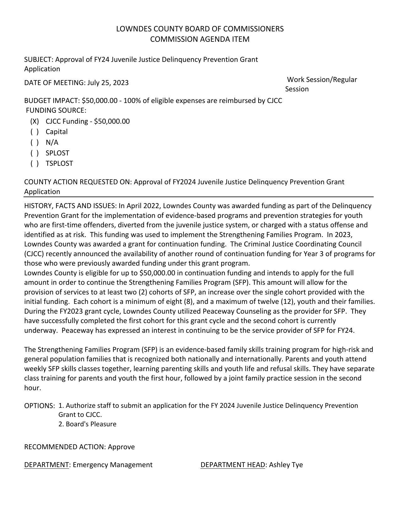 BUDGET IMPACT: $50,000.00 - 100% of eligible expenses are reimbursed by CJCC