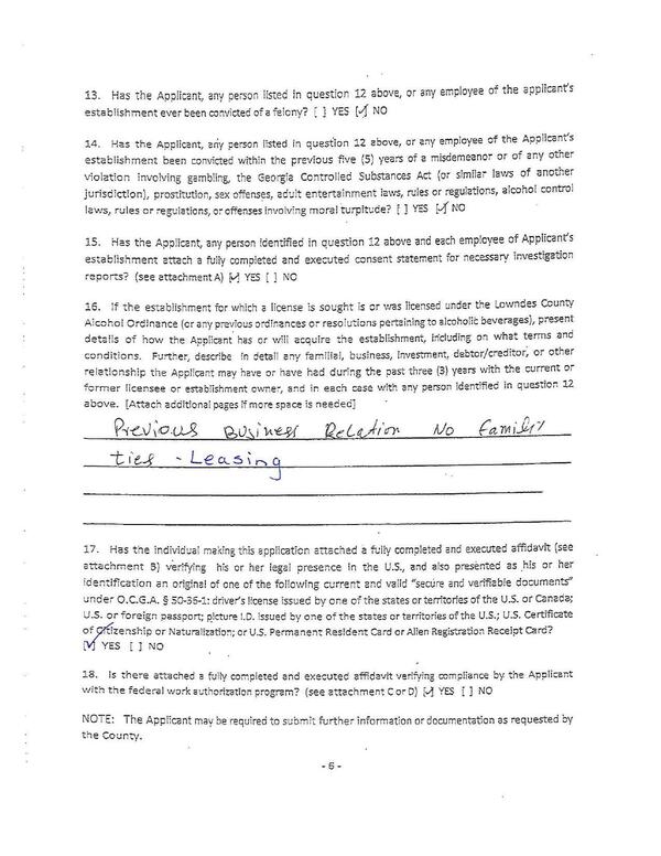 16. if the establishment for which license is sought is or was licensed under the Lowndes County