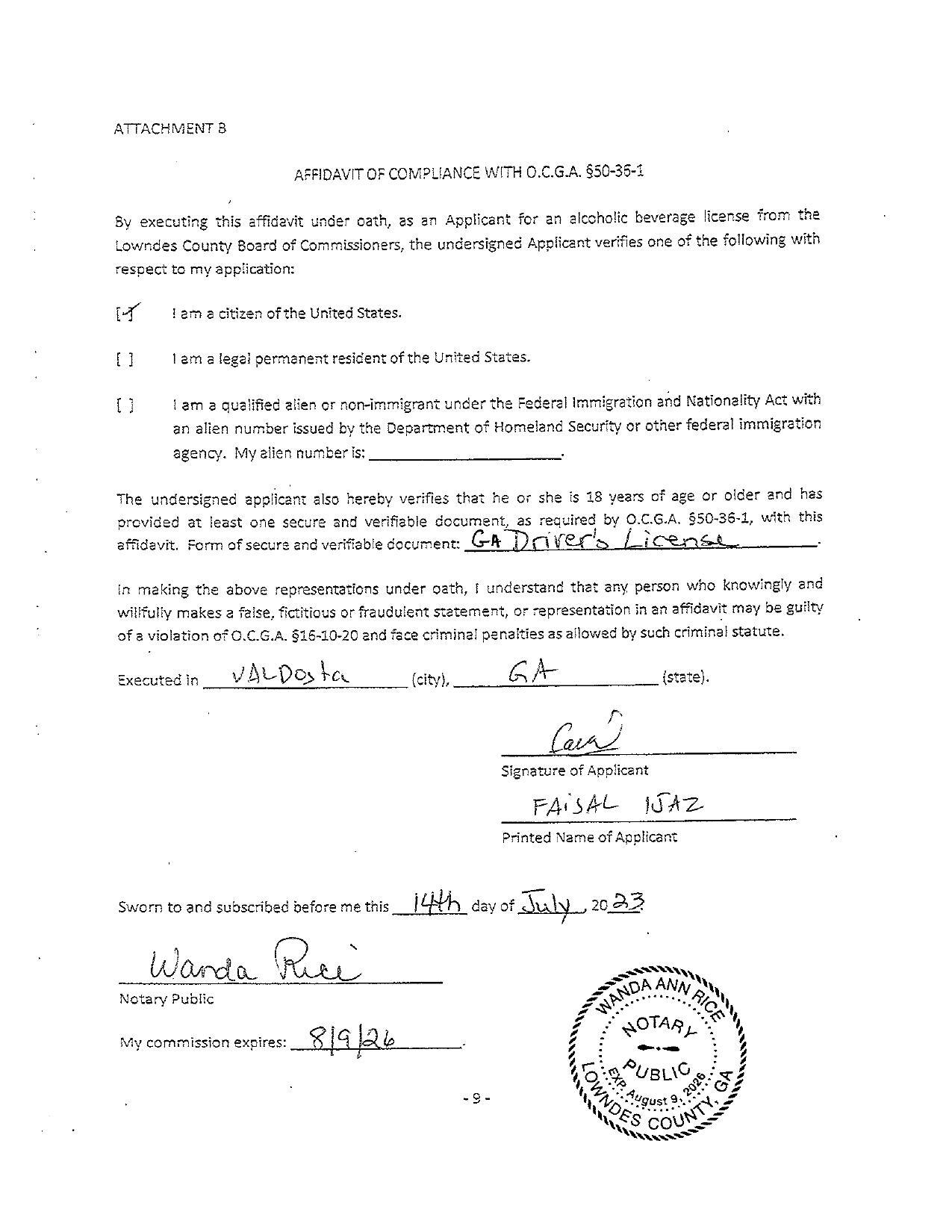 AFFIDAVIT OF COMPLIANCE WITH O.C.G.A. §50-35-2