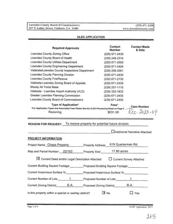 REASON FOR REQUEST: To rezone property for potential future division