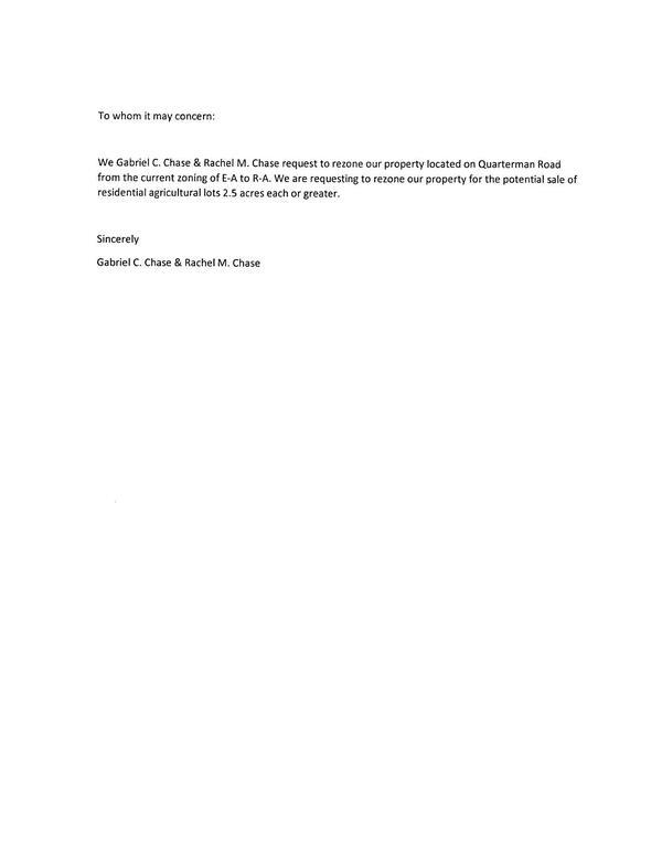 We are requesting to rezone our property for the potential sale of residential agricultural lots 2.5 acres each or greater.