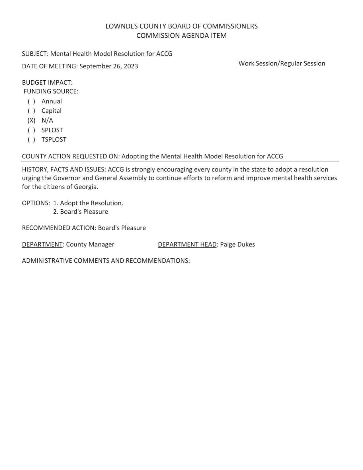 ACCG is strongly encouraging every county in the state to adopt a resolution urging the Governor and General Assembly to continue efforts to reform and improve mental health services for the citizens of Georgia.