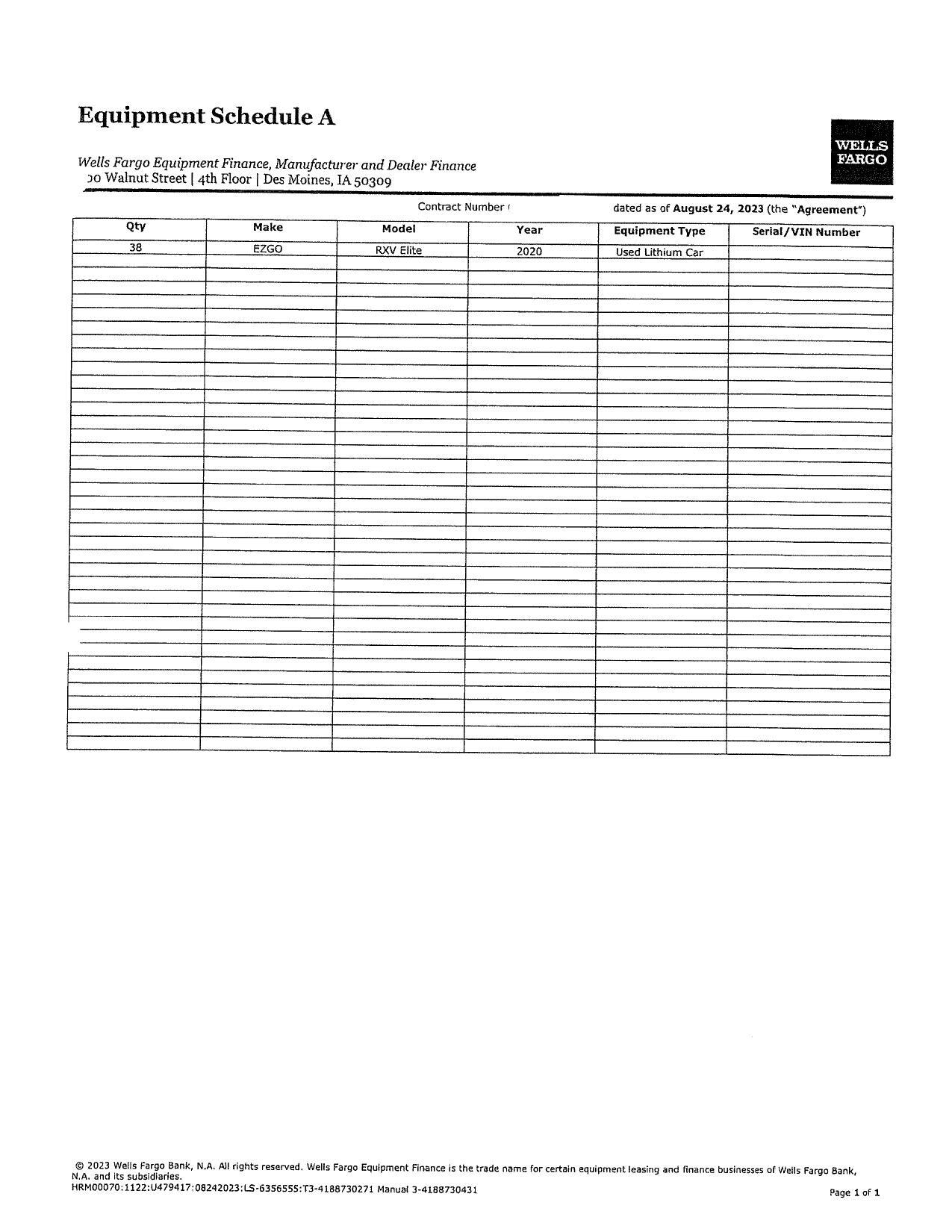 Equipment Schedule A: 38 EZGO RXV Elite 2020 Used Lithium Car