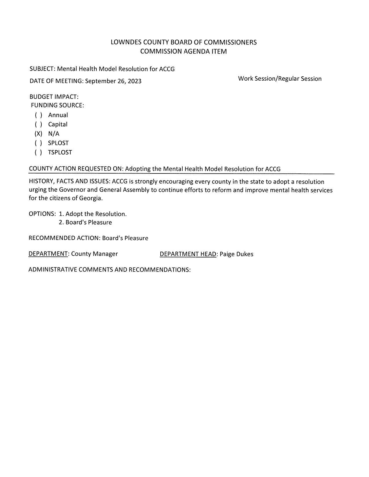 ACCG is strongly encouraging every county in the state to adopt a resolution urging the Governor and General Assembly to continue efforts to reform and improve mental health services for the citizens of Georgia.