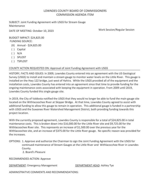 BUDGET IMPACT: $24,825.00 for gauges on the Little River at GA 122 (Folsom Bridge) and on the Withlacoochee River at Skipper Bridge (with USGS and SRWMD).