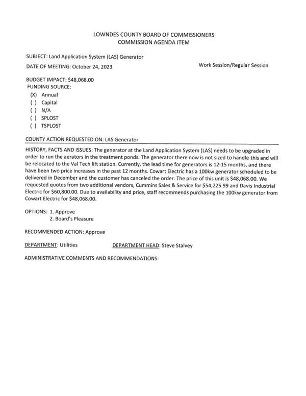 BUDGET IMPACT: $48,068.00 to run the aerators in the treatment ponds. The generator there now is not sized to handle this and will be relocated to the Val Tech lift station.