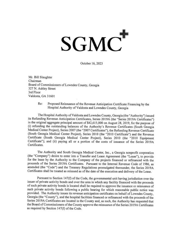 SGMC Re: Proposed Reissuance of the Revenue Anticipation Certificate Financing by the Hospital Authority of Valdosta and Lowndes County, Georgia