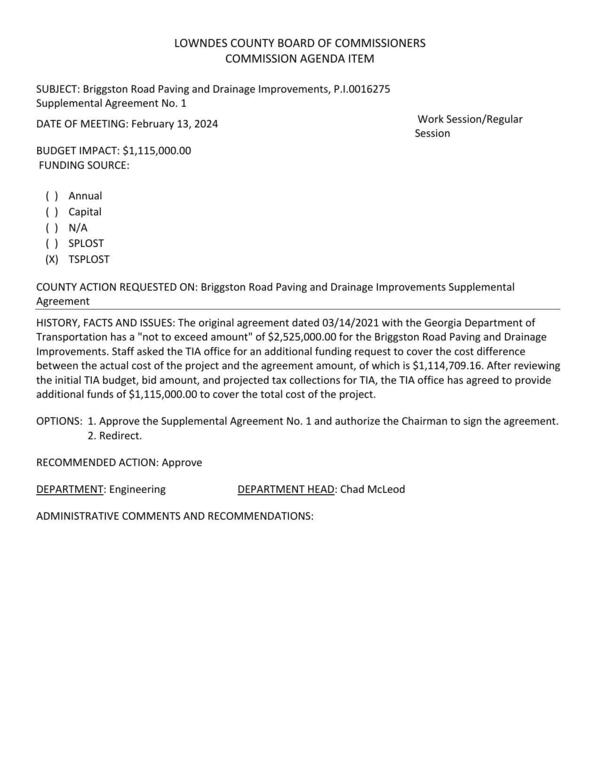 BUDGET IMPACT: $-1,115,000.00; the TIA office has agreed to provide additional funds of $1,115,000.00 to cover the total cost of the project.