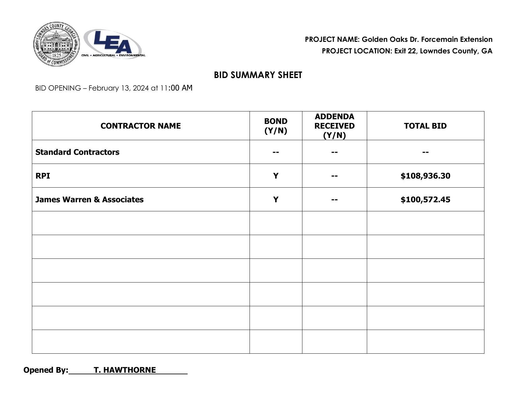 Bid Summary Sheet: RPI $108,936.30; James Warren & Associates $100,572.45