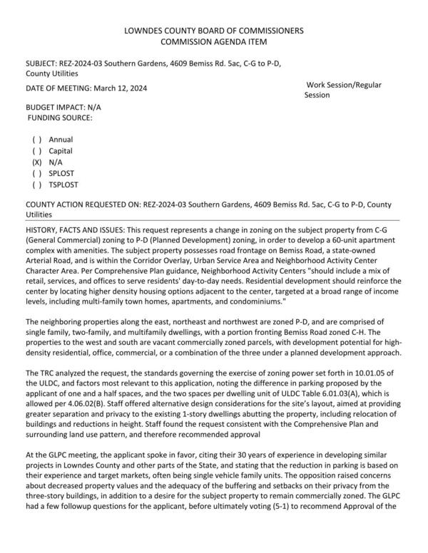 BUDGET IMPACT: N/A to develop a 60-unit apartment complex with amenities.