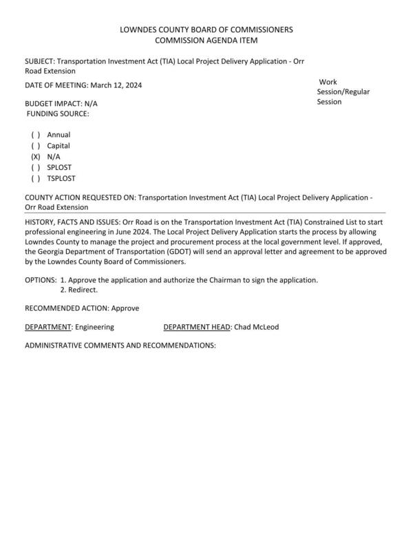 [BUDGET IMPACT: N/A Session Orr Road Extension]