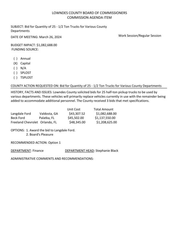 BUDGET IMPACT: $1,082,688.00 These vehicles will primarily replace vehicles currently in use with the remainder being added to accommodate additional personnel. The County received 3 bids that met specifications.