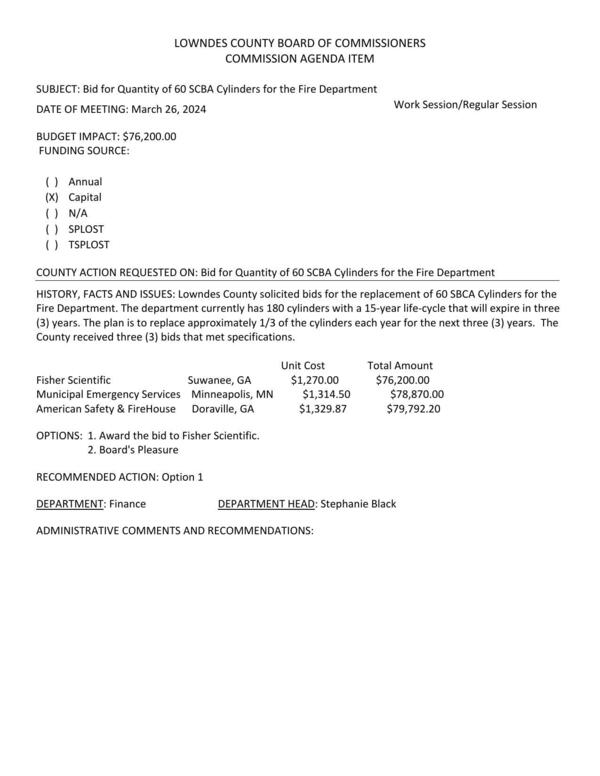 [BUDGET IMPACT: $76,200.00 The department currently has 180 cylinders with a 15-year life-cycle that will expire in three (3) years. The plan is to replace approximately 1/3 of the cylinders each year for the next three (3) years. The County received three (3) bids that met specifications.]