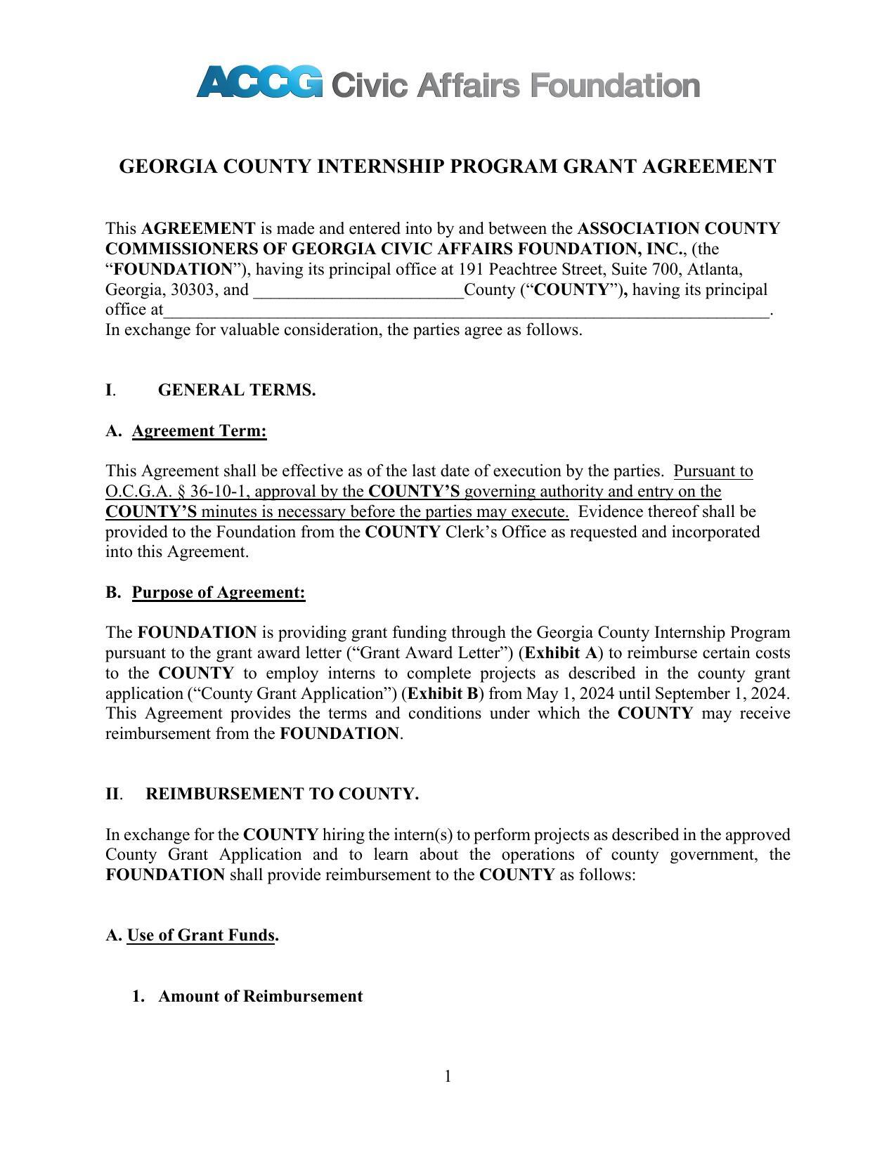 GEORGIA COUNTY INTERNSHIP PROGRAM GRANT AGREEMENT