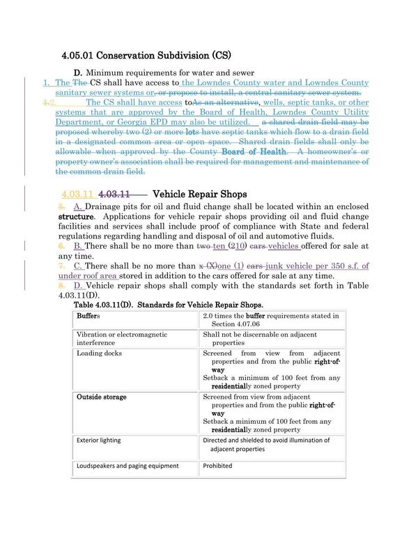 4.05.01 Conservation Subdivision (CS); 4.03.11 Vehicle Repair Shops