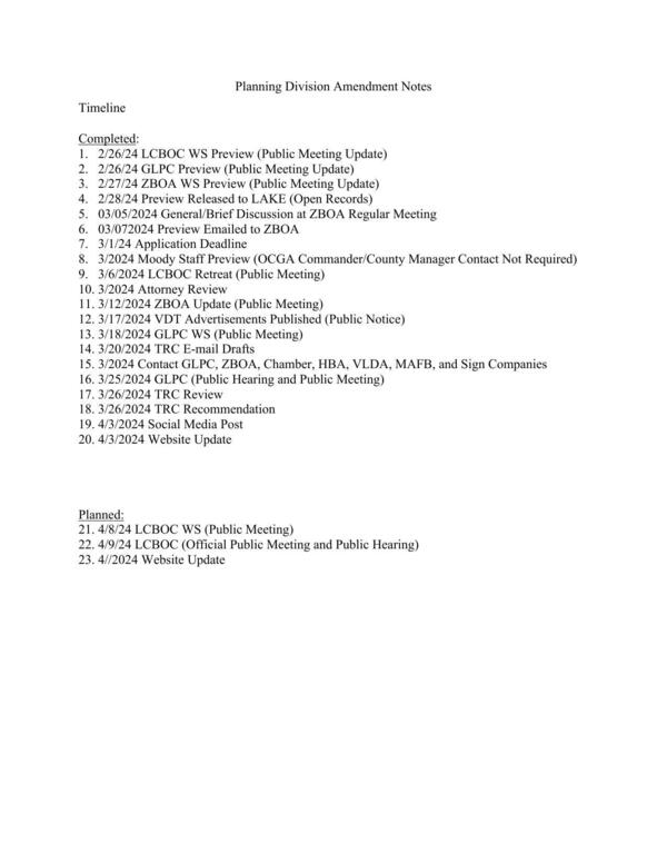 Planning Division Amendment Notes: Timeline Completed and Planned