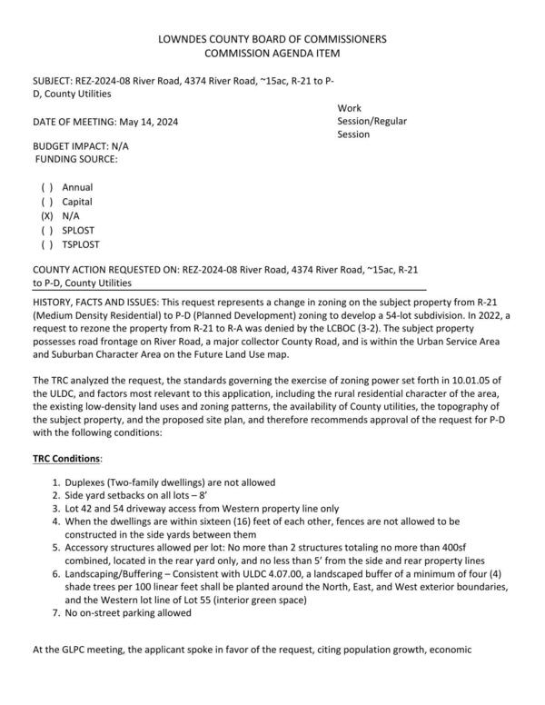 [to develop a 54-lot subdivision. In 2022, a request to rezone the property from R-21 to R-A was denied by the LCBOC (3-2).]