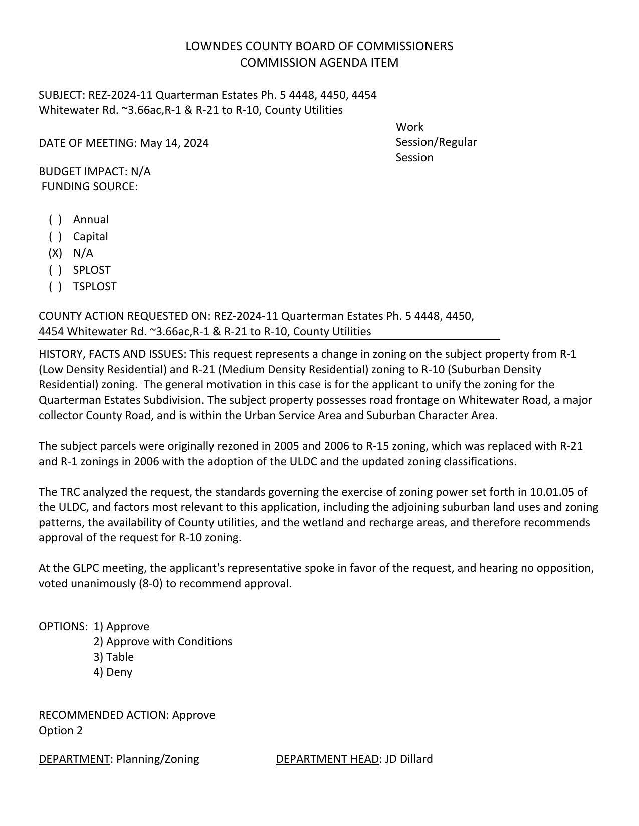 to unify the zoning for the Quarterman Estates Subdivision.